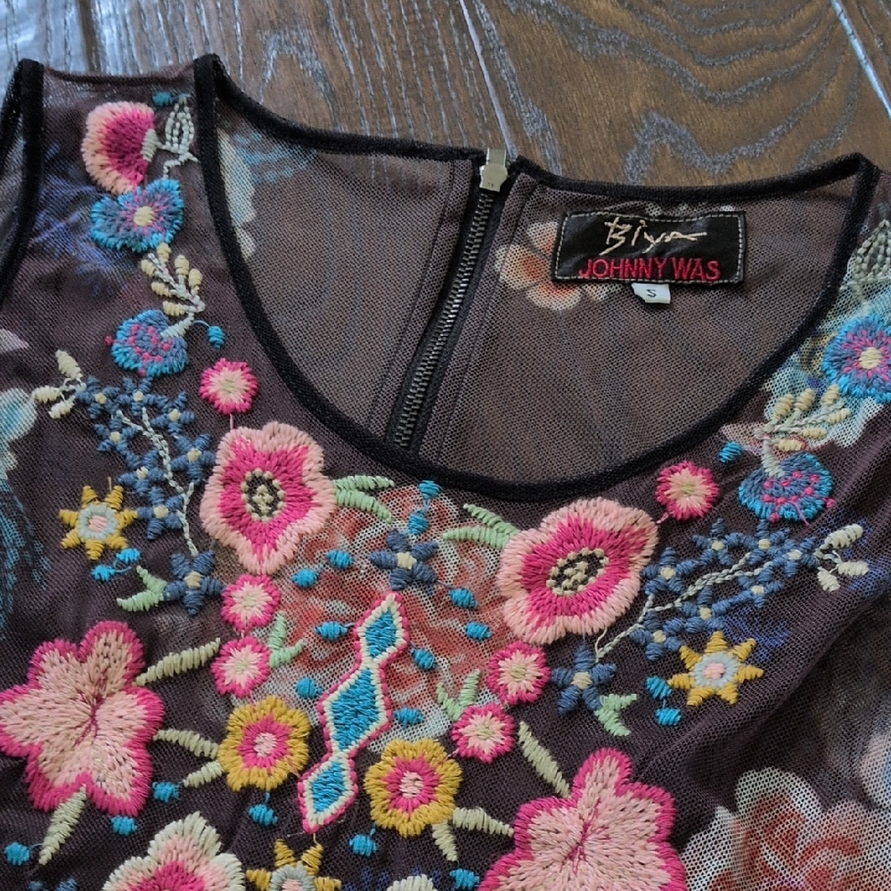 BIYA JOHNNY WAS I Floral Embroidered Mesh Sleeveless Midi Dress with Liner, S - Picture 8 of 16